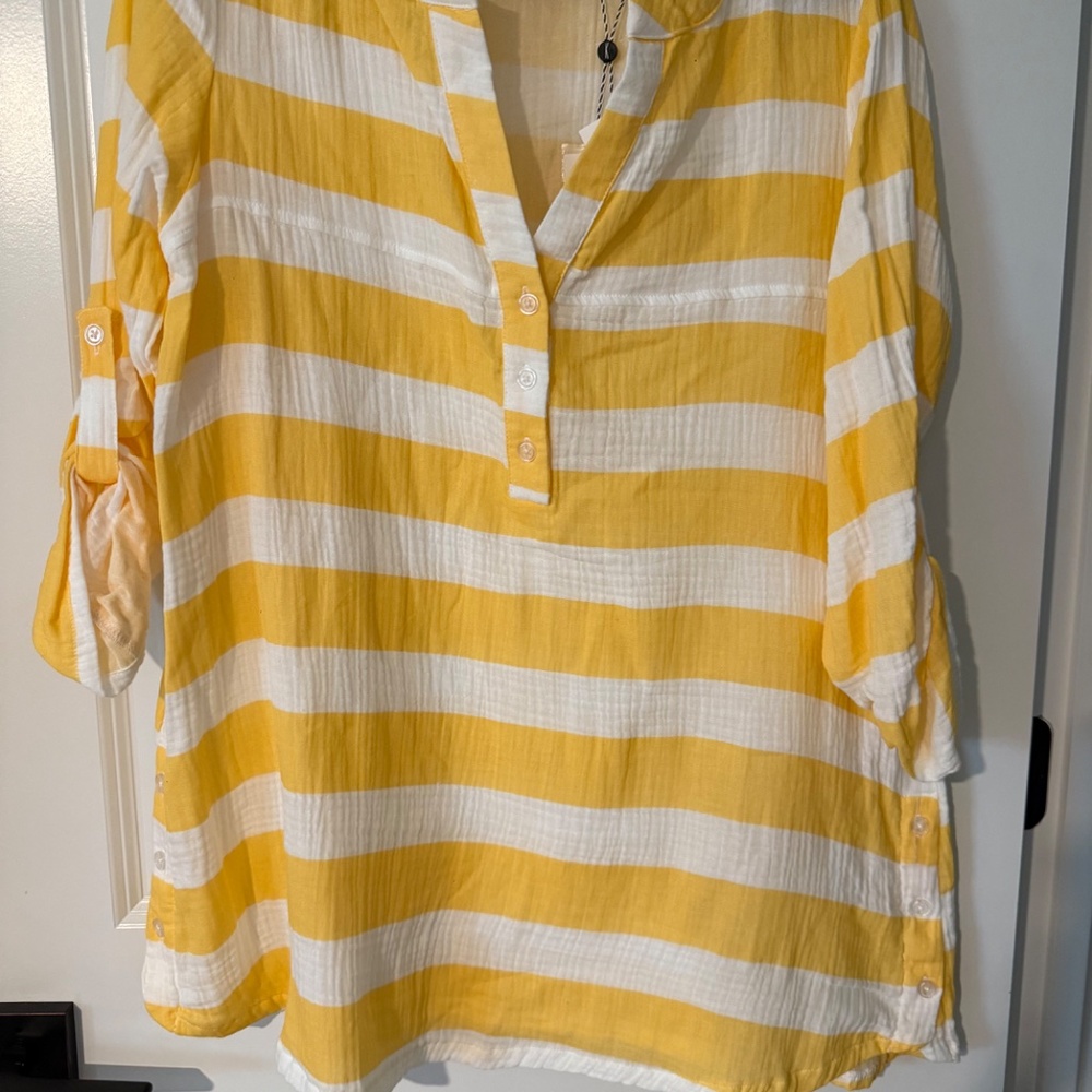 Kaktus Yellow & White Striped Roll Tab Sleeve Top Sz Med. - Picture 2 of 7